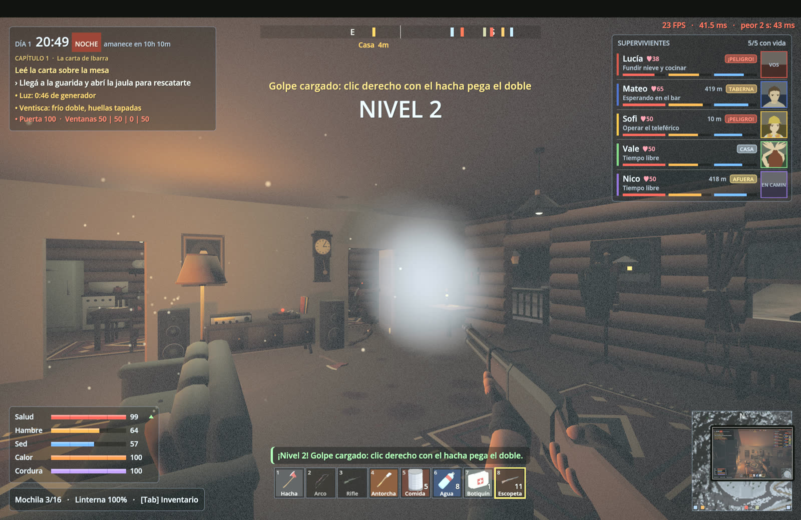 Disparo de escopeta en el living con el aviso NIVEL 2